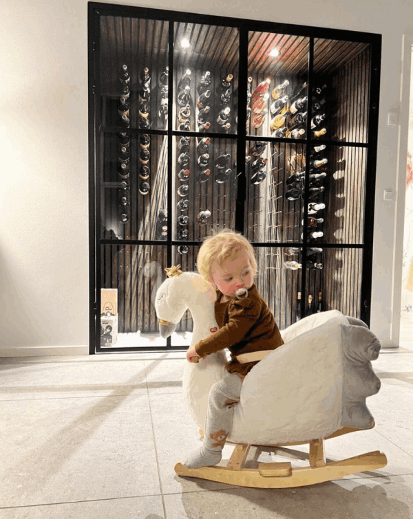 Indbygget vinkælder afskærmet med New Yorker glasvæg og dør i moderne bolig